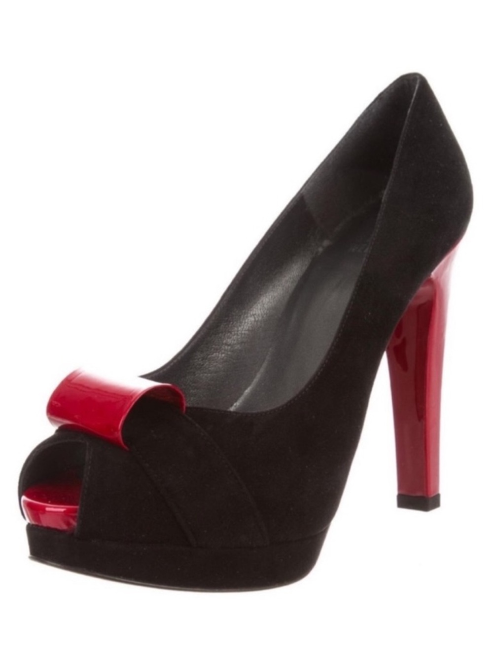 STUART WEITZMAN Puente Black Suede Red Leather Peep-Toe Platform Heels Size 9.5